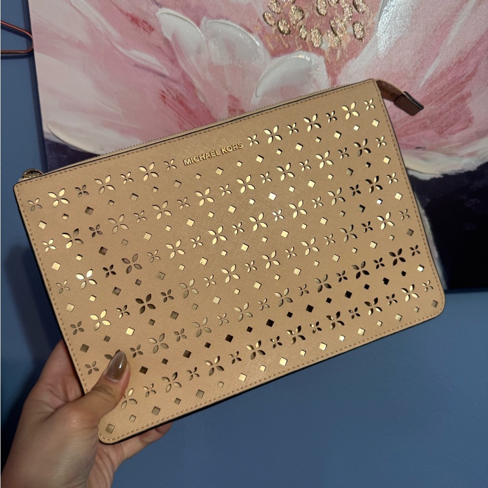 Michael Kors Tan Clutch with Gold Accents